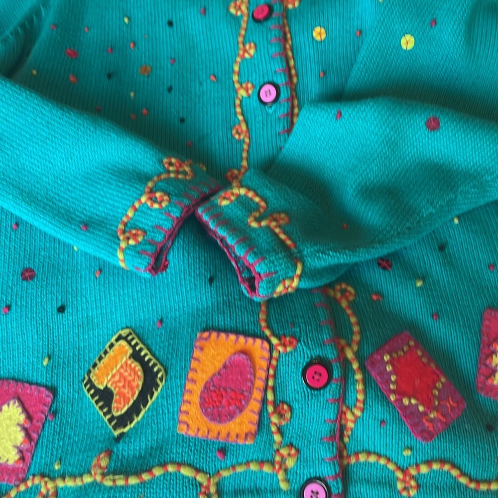 Susan Bristol Plus Size 2X Turquoise Blue Holiday Long Sleeve Cardigan Sweater - Picture 8 of 10